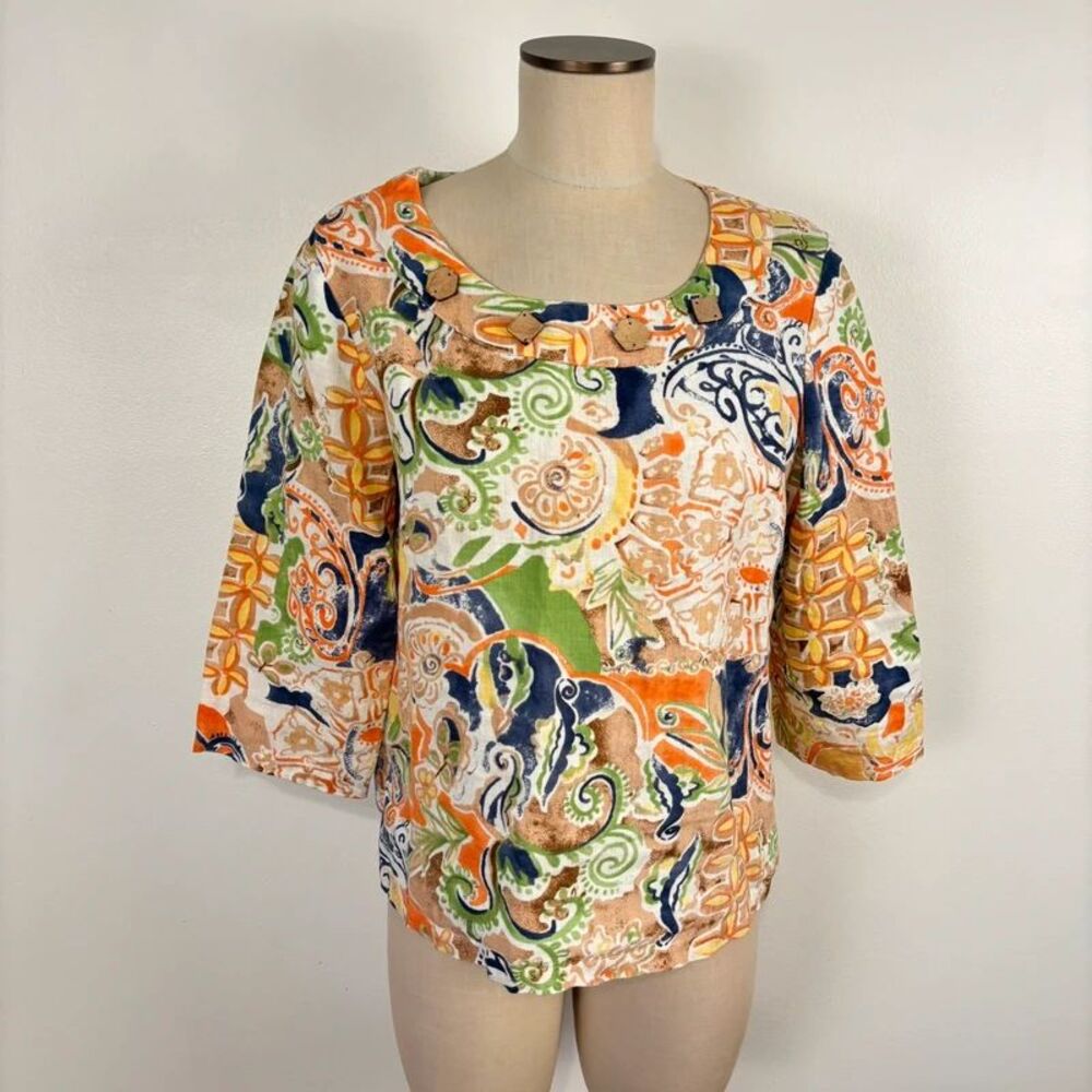 Choices Linen Top Med Paisley Floral Button Neckline 3/4 Sleeve Art to Wear Boho